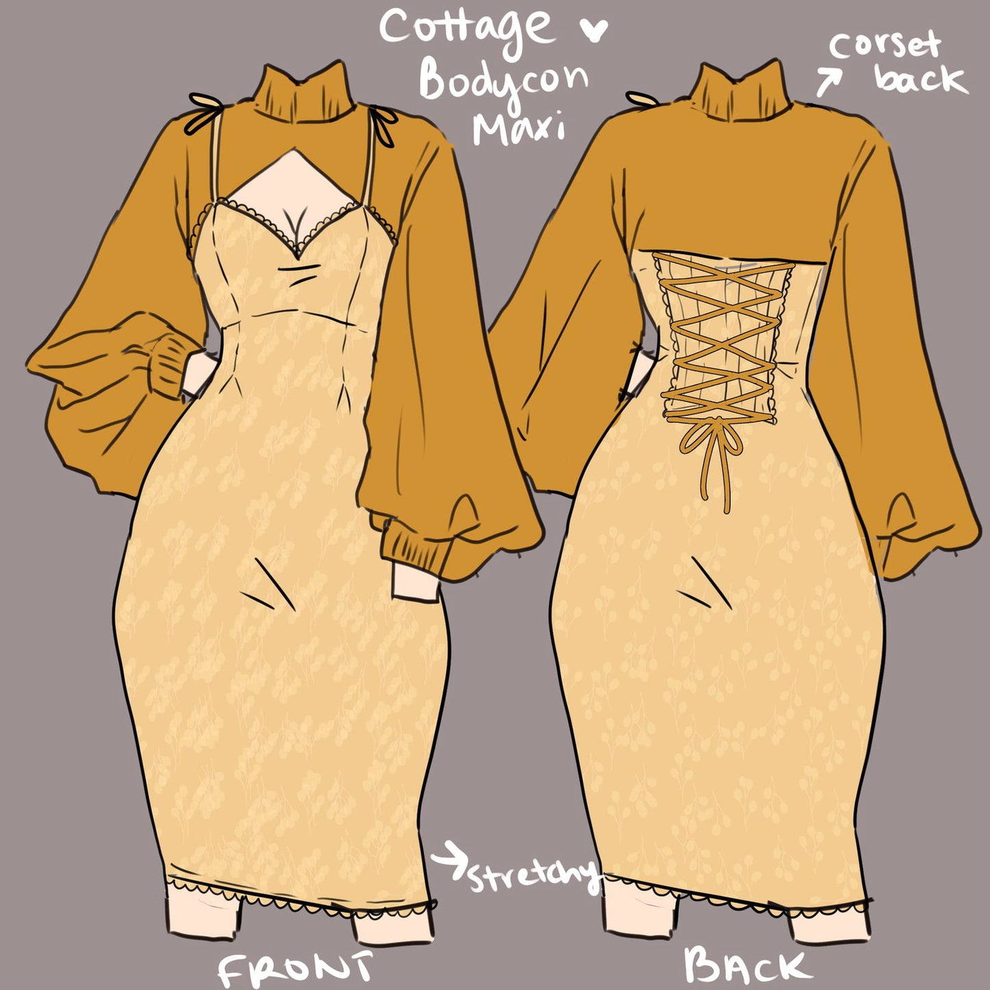 (Pre-Order) Cottage Bodycon Dress (Mustard) - Mochipan