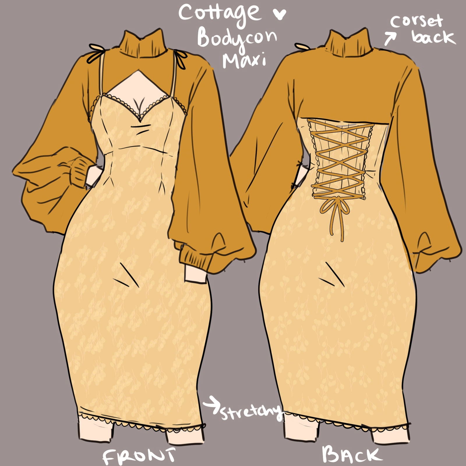 (Pre-Order) Cottage Bodycon Dress (Mustard) - Mochipan