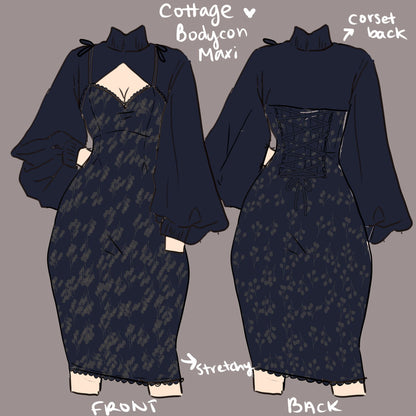 (Pre-Order) Cottage Bodycon Dress (Navy) - Mochipan
