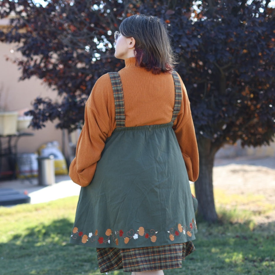 (Pre-Order) Fall Pumpkin Overalls Dress (Sage)