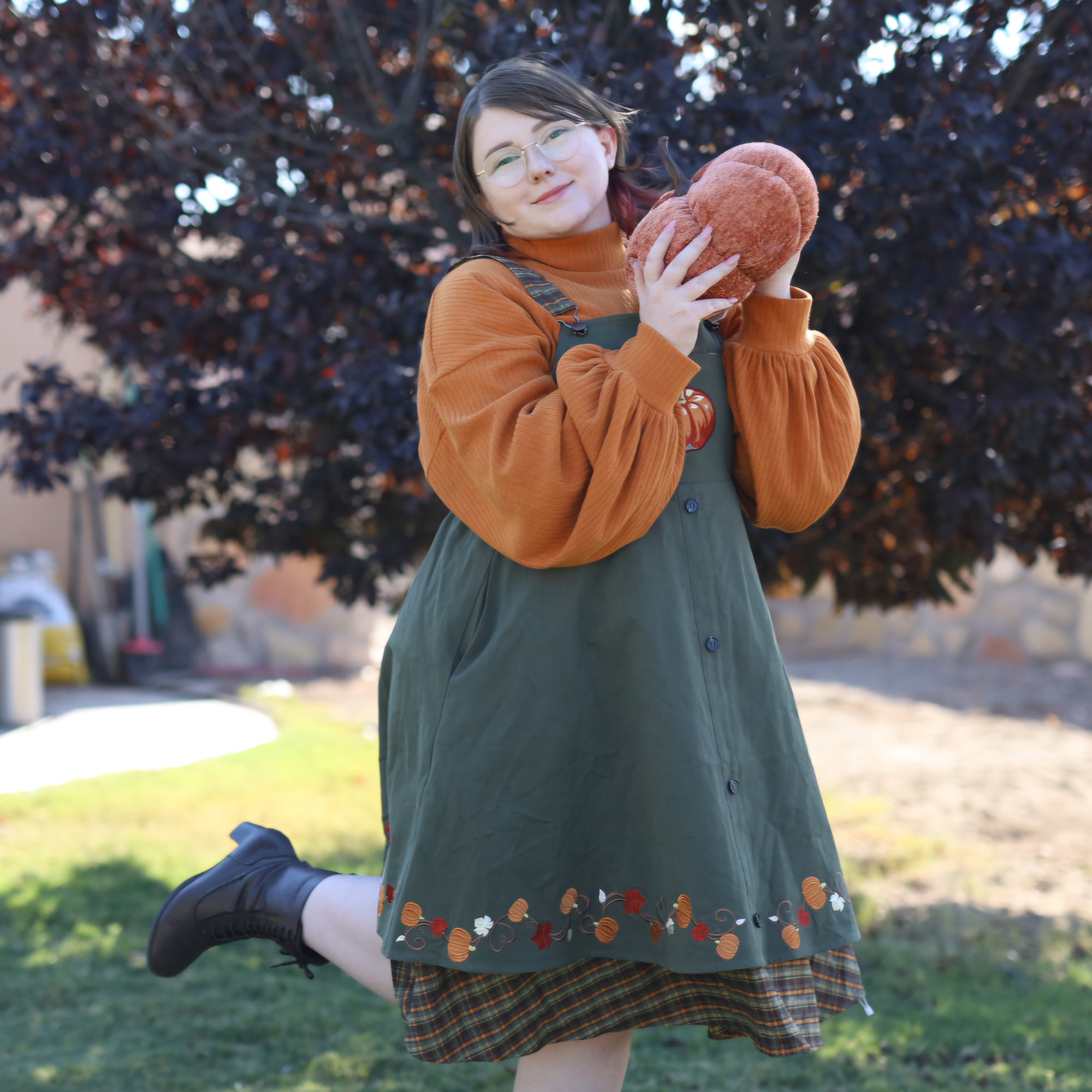 (Pre-Order) Fall Pumpkin Overalls Dress (Sage)