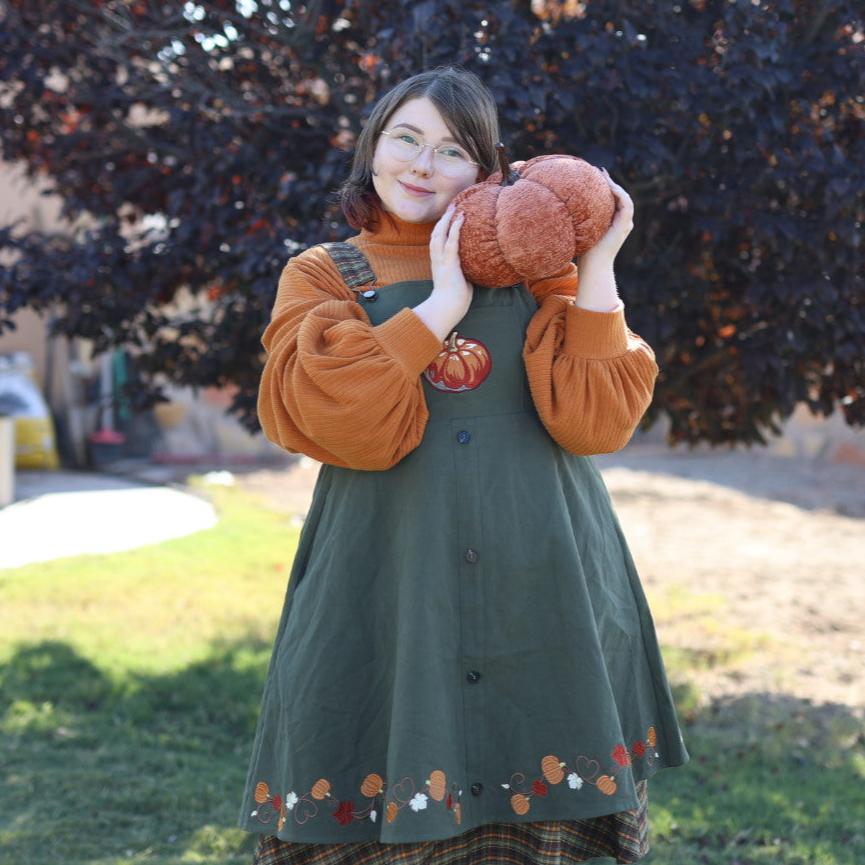 (Pre-Order) Fall Pumpkin Overalls Dress (Sage)