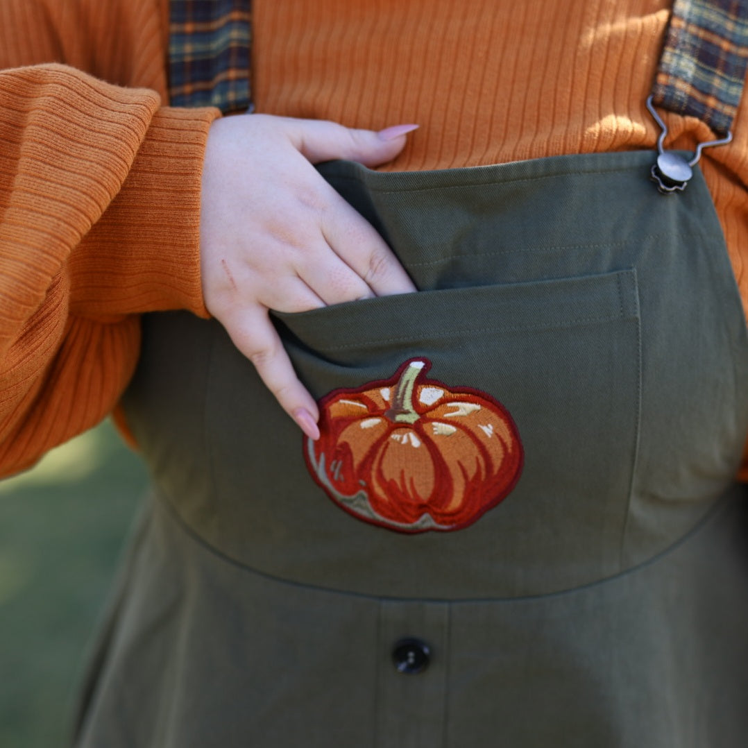 (Pre-Order) Fall Pumpkin Overalls Dress (Sage)