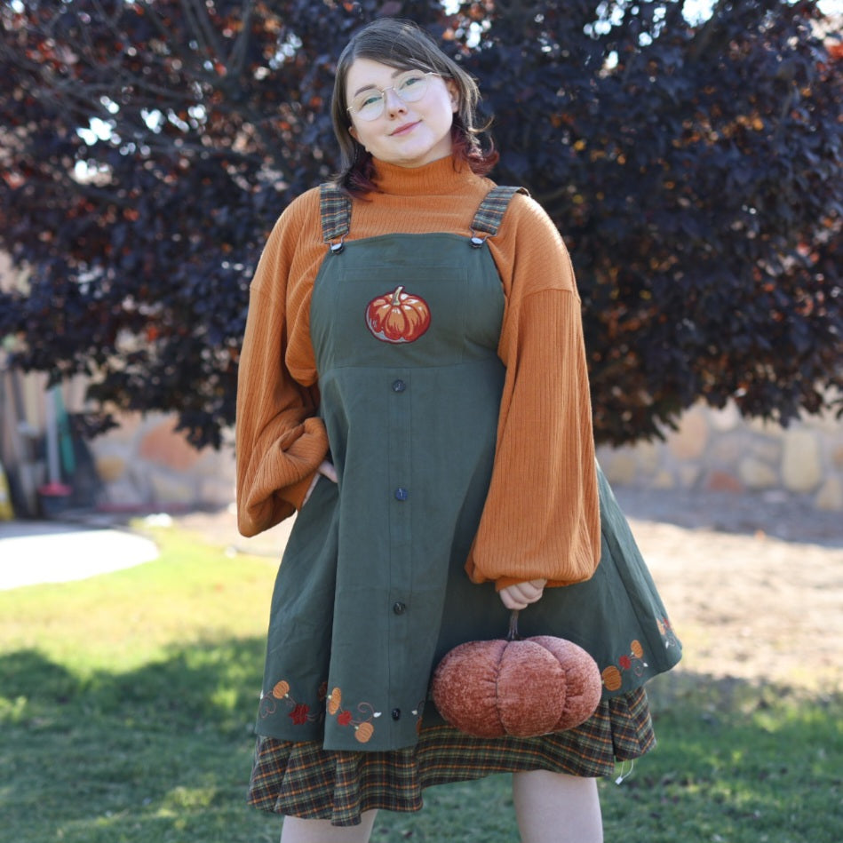 (Pre-Order) Fall Pumpkin Overalls Dress (Sage)