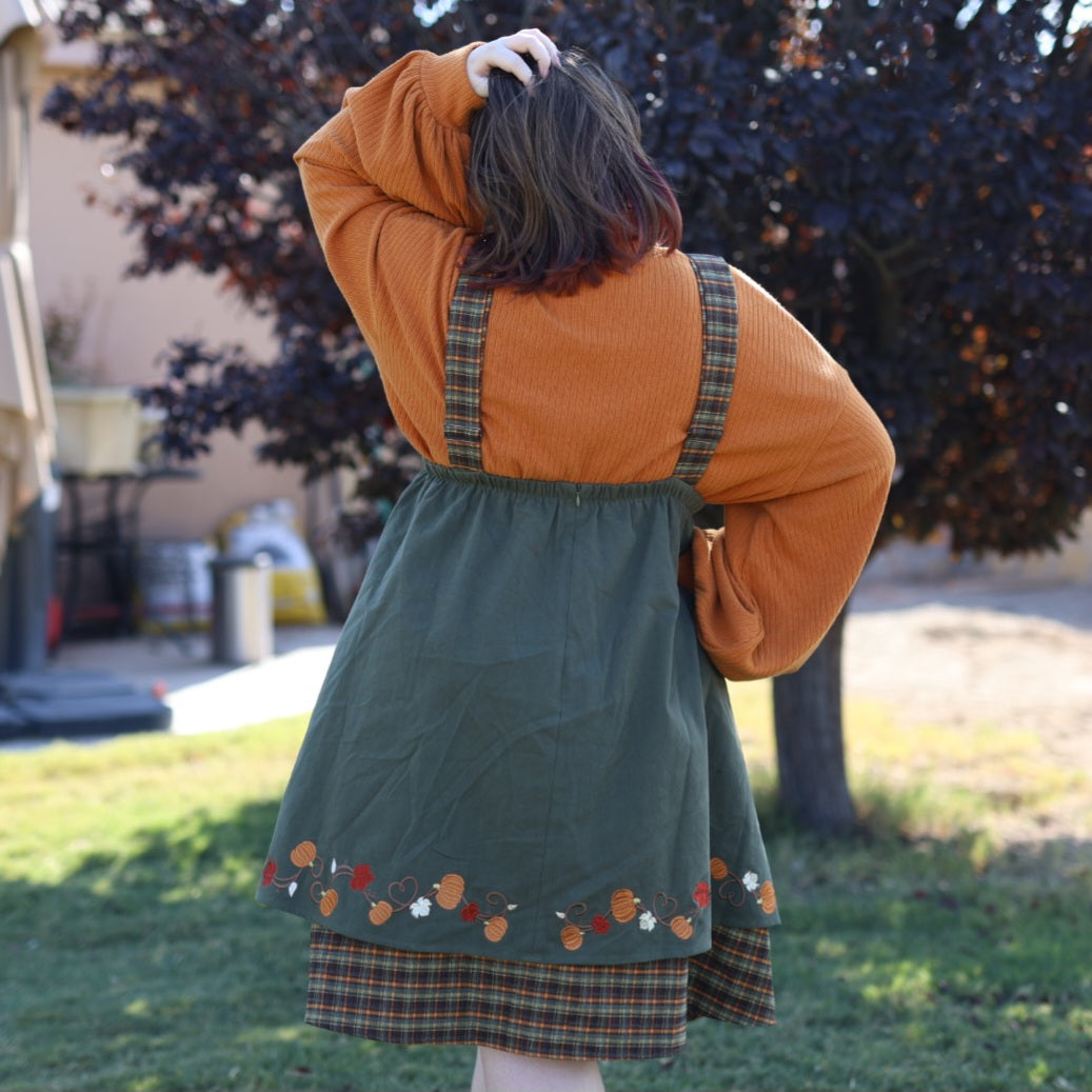 (Pre-Order) Fall Pumpkin Overalls Dress (Sage)