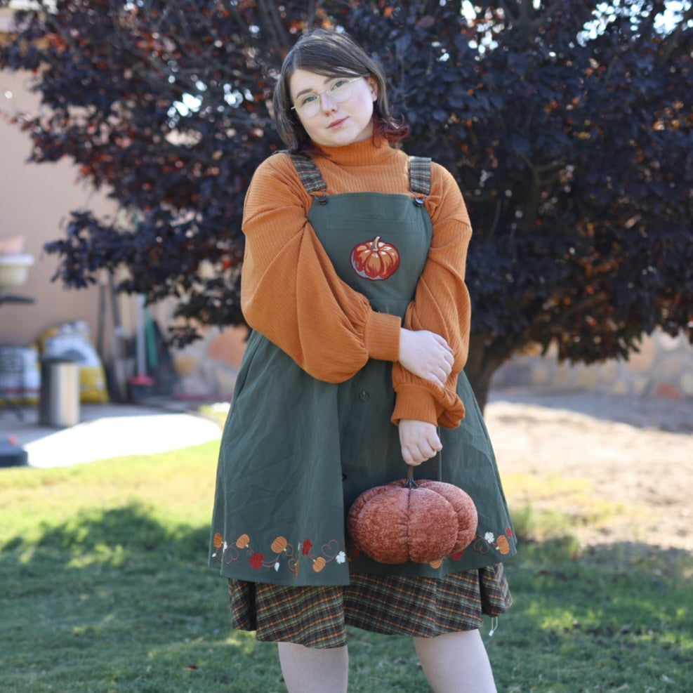 (Pre-Order) Fall Pumpkin Overalls Dress (Sage)