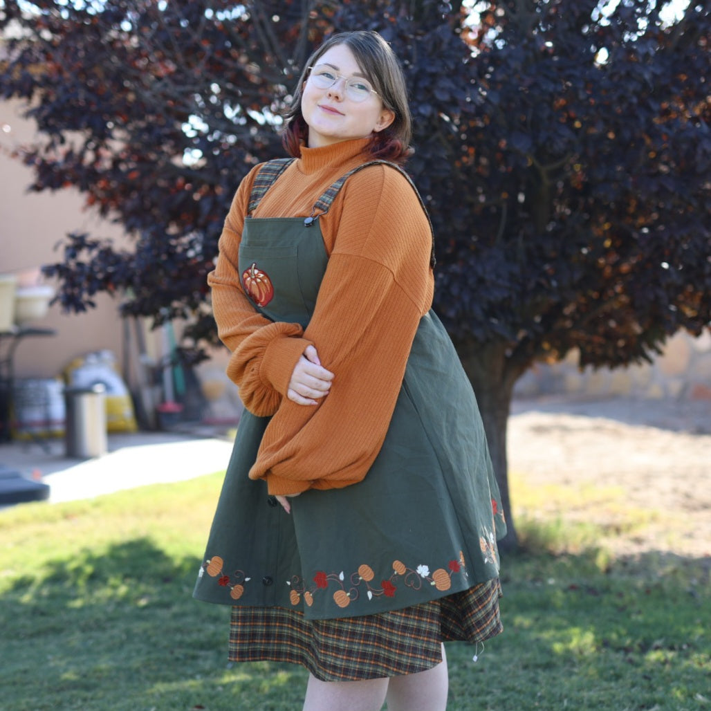 (Pre-Order) Fall Pumpkin Overalls Dress (Sage)