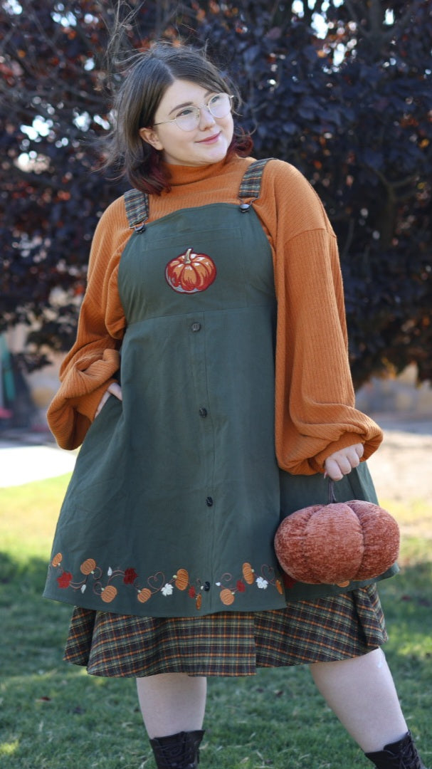 (Pre-Order) Fall Pumpkin Overalls Dress (Sage)