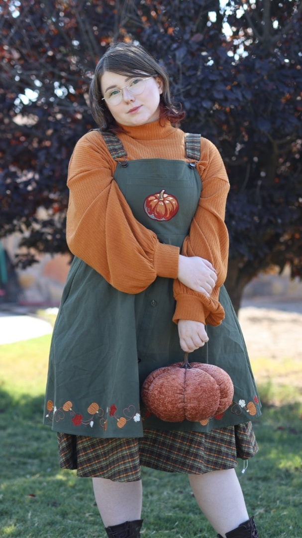 (Pre-Order) Fall Pumpkin Overalls Dress (Sage)