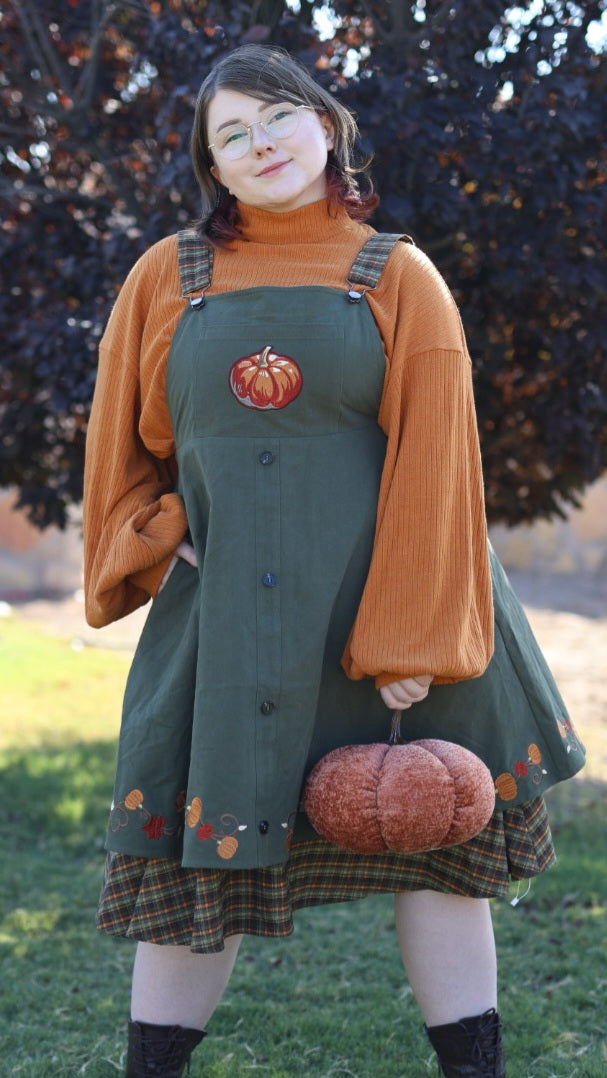 (Pre-Order) Fall Pumpkin Overalls Dress (Sage)