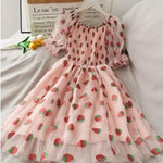 Mesh Puff Sleeve Strawberry Dress